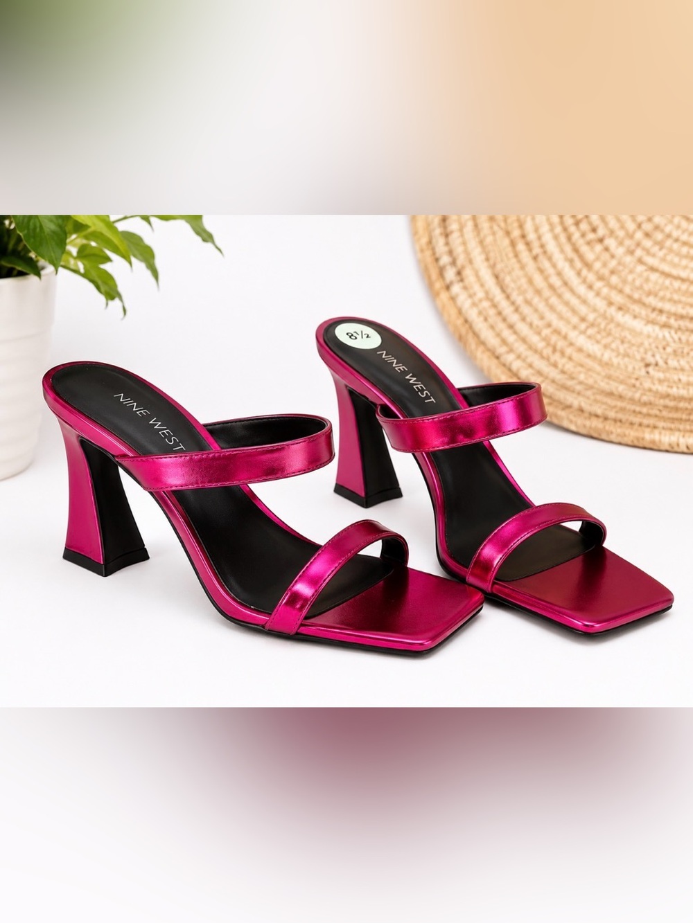Metallic Fuchsia Heeled Mule Sandals Y2K Barbiecore Size 8.5